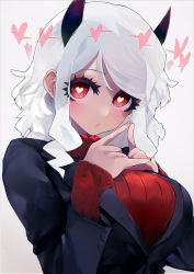 Rule 34 | 1girl, black horns, black jacket, black suit, blush, breasts, closed mouth, demon girl, demon horns, formal, gradient background, heart, heart-shaped pupils, helltaker, highres, horns, jacket, large breasts, long sleeves, looking at viewer, modeus (helltaker), red eyes, red sweater, ribbed sweater, shirt, short hair, solo, suit, susumu, sweater, symbol-shaped pupils, turtleneck, white hair, white horns
