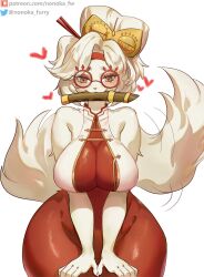 Rule 34 | 1girl, animal nose, body fur, breasts, commentary, english commentary, fangs, flute, furrification, furry, furry female, glasses, hair ornament, hair stick, heart, highres, instrument, large breasts, looking at viewer, mouth hold, nintendo, nonoka917, pantyhose, patreon username, purah, red-framed eyewear, red eyes, red pantyhose, round eyewear, short hair, snout, solo, tail, tail wagging, the legend of zelda, the legend of zelda: tears of the kingdom, twitter username, white fur, white hair