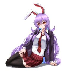 Rule 34 | 1girl, absurdres, black jacket, black thighhighs, blazer, closed mouth, commentary, full body, hair between eyes, highres, jacket, long hair, long sleeves, looking at viewer, lying, necktie, on side, poffusagi, purple hair, red eyes, red necktie, reisen udongein inaba, shirt, signature, simple background, smile, solo, thighhighs, touhou, very long hair, white background, white shirt