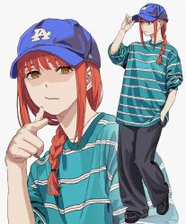 Rule 34 | 1girl, absurdres, alternate costume, baseball cap, black footwear, black pants, blue hat, braid, braided ponytail, chainsaw man, full body, green shirt, hand in pocket, hat, highres, long hair, looking at viewer, los angeles dodgers, makima (chainsaw man), multiple views, pants, pointing, pointing at viewer, red hair, ringed eyes, shiren (ourboy83), shirt, sidelocks, sideways glance, simple background, sleeves pushed up, striped clothes, striped shirt, upper body