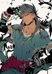 Rule 34 | 1boy, blue hair, branch, closed mouth, clothing cutout, dark-skinned male, dark blue hair, dark skin, earrings, fate/grand order, fate (series), gloves, greco-roman clothes, highres, holding, holding plant, jewelry, koshiro itsuki, long hair, looking at viewer, male focus, plant, red eyes, revealing clothes, roman clothes, romulus quirinus (fate), short sleeves, side cutout, simple background, solo, upper body, very long hair, white background