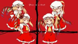Rule 34 | 4girls, :t, anger vein, annoyed, ascot, blonde hair, blush, clone, dress, expressionless, expressions, fang, female focus, flandre scarlet, four of a kind (touhou), hand on own chest, hand on own face, hands on own hips, happy, hat, hat ribbon, heart, heart wings, highres, looking at viewer, multiple girls, multiple persona, open mouth, pout, red background, red eyes, ribbon, sad, short hair, side ponytail, simple background, sinzan, skirt, skirt set, smile, tears, touhou, wings