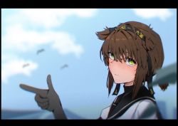 Rule 34 | 1girl, absurdres, black gloves, black sailor collar, blue sky, blurry, brown hair, clothes writing, cloud, commentary request, day, depth of field, film grain, gloves, hachimaki, hair flaps, hato kan, hatsuzuki (kancolle), headband, highres, kantai collection, letterboxed, looking at viewer, neckerchief, outdoors, pointing, sailor collar, short hair, sky, solo, upper body, yellow eyes