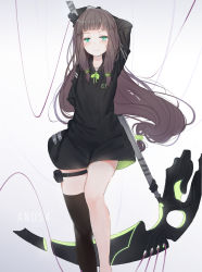 Rule 34 | 1girl, ano54, arm up, asymmetrical legwear, black dress, black gloves, blush, bow, brown hair, brown thighhighs, closed mouth, commentary, dress, english commentary, gloves, gradient background, green bow, green eyes, grey background, highres, holding, holding scythe, long hair, long sleeves, original, scythe, single thighhigh, smile, solo, standing, thigh strap, thighhighs, uneven legwear, very long hair, white background