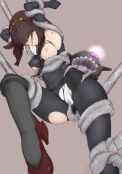 Rule 34 | 1girl, absurdres, abyssal ship, armpits, black bodysuit, black headband, bodysuit, breasts, brown hair, clothes writing, covered navel, enemy naval mine (kancolle), green eyes, hachimaki, hair flaps, hatsuzuki (kancolle), headband, highres, kantai collection, nakahara nakahara, nipples, panties, restrained, short hair, small breasts, solo, tentacles, torn bodysuit, torn clothes, underwear, white panties, yellow eyes