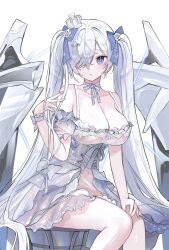 1girl blush bracelet breasts chair cinderella_(glass_princess)_(nikke) cinderella_(nikke) cleavage corset crown dress goddess_of_victory:_nikke hair_over_one_eye hair_ribbon highres jewelry large_breasts long_hair makeup mini_crown nail_polish navel neck_ribbon ribbcott ribbon see-through_clothes see-through_dress simple_background solo thighs twintails very_long_hair white_hair