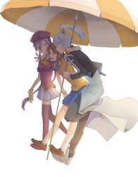 Rule 34 | 3girls, 51 fiveone, armored shoes, arms around neck, back alley alliance, bangle, blue eyes, bracelet, brown hair, closed eyes, girl sandwich, grey hair, hat, highres, holding, holding umbrella, jacket, jewelry, loafers, long braid, long hair, looking at another, medium hair, melty blood, misaki high school uniform, multiple girls, pants, pleated skirt, ponytail, purple eyes, purple hair, purple shirt, riesbyfe stridberg, sandwiched, school uniform, shirt, shoes, simple background, sion eltnam atlasia, skirt, smile, thighhighs, tsukihime, twintails, umbrella, walking, white skirt, yumizuka satsuki