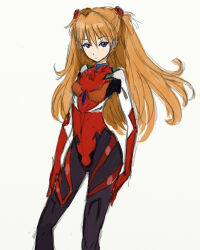 Rule 34 | 1girl, artist request, blue eyes, bodysuit, breasts, bright pupils, brown hair, expressionless, interface headset, long hair, looking at viewer, neon genesis evangelion, pilot suit, plugsuit, rebuild of evangelion, red bodysuit, shiny clothes, simple background, small breasts, solo, souryuu asuka langley, twintails, very long hair