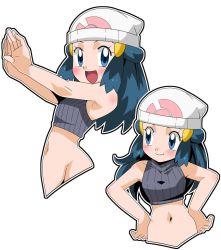 Rule 34 | 1girl, :d, bare shoulders, beanie, blue eyes, blue hair, blush, bottomless, creatures (company), cropped torso, dawn (pokemon), game freak, groin, hainchu, hands on own hips, hat, long hair, looking at viewer, looking to the side, midriff, multiple views, navel, nintendo, open mouth, outstretched arms, pokemon, pokemon (anime), simple background, sleeveless, smile, stomach, sweater, turtleneck, turtleneck sweater, upper body, white background