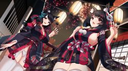 Rule 34 | 2girls, absurdres, animal ear fluff, animal ears, architecture, azur lane, black hair, black kimono, blue butterfly, blue eyes, breasts, bug, butterfly, butterfly hair ornament, cat ears, cat girl, cleavage, dutch angle, east asian architecture, fox mask, from below, fusou (azur lane), hair ornament, highres, insect, japanese clothes, kimono, large breasts, long hair, mask, mask on head, medium hair, mismatched eyebrows, multiple girls, open mouth, panties, red eyes, revision, sideboob, thighhighs, underwear, white legwear, white panties, yamaha tsui, yamashiro (azur lane), zettai ryouiki