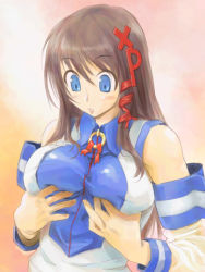 Rule 34 | 1girl, blue eyes, breast lift, breasts, brown hair, detached sleeves, grabbing, grabbing another&#039;s breast, grabbing own breast, huge breasts, large breasts, long hair, michael f91, os-tan, simple background, solo, xp-tan