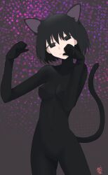 Rule 34 | 1girl, abs, animal ear fluff, animal ears, artist name, black background, black bodysuit, black eyes, black hair, bob cut, bodysuit, breasts, cat ears, cat girl, cat tail, catsuit, closed mouth, commentary, covered erect nipples, covered navel, cowboy shot, curled fingers, empty eyes, groin, hair between eyes, halftone, halftone background, head tilt, highres, impossible bodysuit, impossible clothes, kemonomimi mode, kikumaru bunta, looking at viewer, medium breasts, monogatari (series), oshino ougi, paw pose, purple background, short hair, signature, skin tight, smile, solo, tail, turtleneck, whiskers