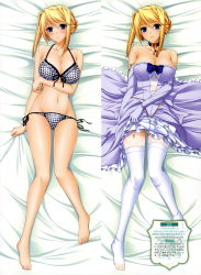Rule 34 | 1girl, absurdres, bare shoulders, barefoot, blonde hair, blush, bra, breasts, checkered bra, checkered clothes, checkered panties, cleavage, collarbone, dakimakura (medium), dress, elbow gloves, feet, front-tie top, gloves, highres, jewelry, komori kei, lace, lace-trimmed legwear, lace trim, large breasts, legs, lingerie, lying, multiple views, navel, necklace, panties, parted lips, plaid, plaid bra, plaid panties, princess lover, purple eyes, shiny skin, side-tie panties, silvia van hossen, thighhighs, toes, underwear, underwear only, white thighhighs