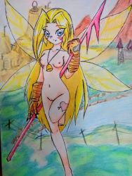Rule 34 | absurdres, digimon, fairy, flying, highres, lance, long hair, nude, polearm, tattoo, tinkermon, weapon, wings