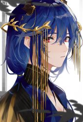Rule 34 | 1girl, 3o c, ambience synesthesia, arknights, black dress, blue hair, blurry, ch&#039;en (arknights), depth of field, dress, eyelashes, hair between eyes, highres, long hair, looking at viewer, looking to the side, low twintails, parted lips, red eyes, silhouette, solo, twintails, upper body, wreath