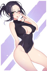 Rule 34 | 1girl, arm behind back, artist name, bare arms, bare shoulders, black hair, black one-piece swimsuit, blush, breasts, cleavage, cleavage cutout, clothing cutout, commentary, covered navel, cowboy shot, darling in the franxx, glasses, green eyes, groin, hand up, highleg, highleg swimsuit, ikuno (darling in the franxx), large breasts, leotard, long legs, looking at viewer, medium breasts, nanoless, one-piece swimsuit, one eye closed, open mouth, parted bangs, ponytail, short hair, smile, solo, swimsuit, thighs