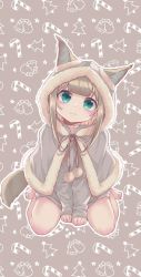 Rule 34 | 1girl, 40hara, animal ear fluff, animal ears, aqua eyes, barefoot, blunt bangs, brown hair, capelet, cat ears, cat girl, cat tail, christmas present, closed mouth, ears through headwear, fang, fang out, feet, female focus, full body, gift, hat, highres, hood, hood up, kinako (40hara), long hair, looking at viewer, original, sitting, skin fang, smile, solo, tail, toes