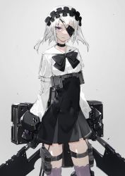 Rule 34 | 1girl, arm belt, bow, bowtie, choker, covered navel, cowboy shot, dual wielding, eyepatch, gauntlets, grey background, heavily armed high school girls, holding, looking at viewer, maid headdress, neco, original, purple eyes, serious, short hair, solo, thigh strap, thighhighs, weapon, white hair, zwei (heavily armed high school girls)