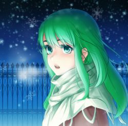 Rule 34 | 1girl, alternate costume, contemporary, ebiblue, fence, green eyes, green hair, unworn headwear, heavy breathing, kochiya sanae, lipstick, long hair, looking at viewer, makeup, matching hair/eyes, open mouth, red lips, snowflakes, snowing, solo, touhou, upper body