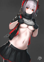Rule 34 | 1girl, absurdres, arknights, black gloves, black jacket, black pantyhose, black scarf, black skirt, breasts, clothes lift, commentary, cowboy shot, dhokidoki, fingerless gloves, gloves, grey background, grey shirt, highres, horns, jacket, lifting own clothes, looking at viewer, medium breasts, midriff, miniskirt, navel, open clothes, open jacket, pantyhose, parted lips, red eyes, scarf, shirt, shirt lift, short hair, silver hair, simple background, skirt, smile, solo, standing, stomach, underboob, w (arknights)