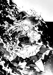 Rule 34 | 1girl, absurdres, braid, breasts, crying, crying with eyes open, fire, floating hair, greyscale, hair behind ear, hat, head tilt, highres, huge filesize, kirisame marisa, long hair, looking ahead, looking down, medium breasts, monochrome, open hands, qingwa chi she, solo, tears, touhou, v-shaped eyebrows, witch hat