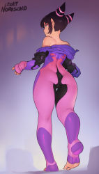 Rule 34 | 1girl, ass, back, black hair, bodysuit, capcom, drill hair, feet, foreshortening, han juri, highres, looking back, making-of available, norasuko, off shoulder, purple eyes, revision, soles, solo, street fighter, street fighter v, thigh gap, toeless legwear, toes, twin drills, undressing