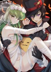 Rule 34 | 1boy, 1girl, absurdres, ascot, bandages, bat background, black ascot, black gloves, black hair, bow, breasts, bridal veil, budgiepon, c.c., carrying, cheese-kun, code geass, crossed legs, gloves, green hair, halloween, hat, hat bow, hat ornament, head wreath, hetero, highres, lelouch vi britannia, medium breasts, mummy costume, navel, parted lips, princess carry, purple eyes, scar, scar on breasts, stomach, top hat, veil, yellow eyes