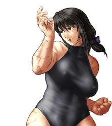 Rule 34 | 1girl, antenna hair, black hair, bow, breasts, brown eyes, clenched hand, covered erect nipples, female focus, fighting stance, hair bow, large breasts, leotard, m.u.g.e.n, muscular, muscular female, original, scar, sendai hakurei no miko, short ponytail, solo, taikyokuturugi, touhou, transparent background