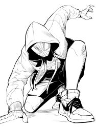 Rule 34 | 1boy, animal print, bodysuit, drawstring, full body, gegegekman, greyscale, hand on ground, highres, hood, hood up, hooded jacket, insignia, jacket, long sleeves, male focus, marvel, mask, monochrome, on one knee, shoes, shorts, sneakers, solo, spandex, spider-man: into the spider-verse, spider-man (series), spider-verse, spider print, superhero costume, superhero landing, white background