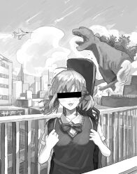 Rule 34 | 1girl, :3, absurdres, ahoge, aircraft, airplane, aruko okara, bar censor, blush, bow, bowtie, censored, city, collared shirt, commentary request, covered eyes, crossover, destruction, dust cloud, facing viewer, fighter jet, floating hair, godzilla, godzilla (series), greyscale, guitar case, hair bow, highres, identity censor, instrument case, instrument on back, jet, low twintails, military vehicle, monochrome, multiple hair bows, open mouth, outdoors, railing, school uniform, shirt, short sleeves, short twintails, solo, sweater vest, tokumei radio, twintails, upper body, virtual youtuber, wai (aya-hsn-149), wind