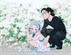 Rule 34 | 1boy, 1girl, age difference, bare arms, black footwear, black hair, black pants, black shirt, blue bow, boku no hero academia, bonnet, bow, child, dress, eraser head (boku no hero academia), eri (boku no hero academia), facial hair, flower, flower on head, hair bun, highres, horns, long sleeves, mustache stubble, open mouth, oru 2ji, pants, parted lips, red eyes, shirt, shoes, short hair, single horn, sneakers, sparse stubble, stubble, v, white dress, white flower, white footwear, white hair