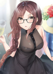 Rule 34 | 1girl, absurdres, akuta hinako, bare shoulders, black dress, blush, braid, braided ponytail, breasts, champagne flute, cleavage, cup, dress, drinking glass, earrings, fate/grand order, fate (series), glasses, hair over shoulder, highres, jewelry, large breasts, long hair, looking at viewer, multiple earrings, open mouth, see-through, see-through cleavage, shawl, solo, yufou