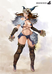 Rule 34 | 1girl, blue eyes, breasts, brown hair, claws, curvy, hip focus, kingdom death, lantern, large breasts, lokman lam, revealing clothes, thighhighs, thighs, wide hips