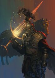 Rule 34 | 1boy, armor, elden ring, helmet, highres, horns, sword, tarnished (elden ring), tree sentinel, weapon