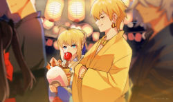 Rule 34 | 1girl, 3boys, ahoge, artoria pendragon (all), artoria pendragon (fate), beige kimono, blonde hair, blue eyes, blue kimono, candy apple, earrings, fate/stay night, fate (series), food, gilgamesh (fate), grin, highres, holding, in mouth, japanese clothes, jewelry, kimono, long sleeves, meow (cindy738), multiple boys, official alternate costume, outdoors, saber (fate), saber (leisurely strolling) (fate), smile, wide sleeves, yellow kimono
