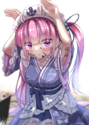 Rule 34 | 1girl, absurdres, anchor print, apron, blue kimono, blush, body writing, breasts, colored inner hair, commentary request, facepaint, female focus, frilled apron, frilled kimono, frills, hair bobbles, hair ornament, hands up, hanetsuki, highres, hololive, japanese clothes, kimono, kuraudo, long hair, looking at viewer, maid, maid headdress, medium breasts, minato aqua, minato aqua (new year), multicolored hair, official alternate costume, one side up, purple eyes, purple hair, rabbit pose, solo, tearing up, translation request, two-tone hair, virtual youtuber, wa maid, waist apron, white apron