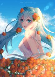 Rule 34 | 1girl, 39, :d, absurdres, ahoge, aqua eyes, aqua hair, arm tattoo, atria-003, backless dress, backless outfit, bare back, bare shoulders, birthday, blue sky, blush, breasts, cloud, commentary, day, dress, eyelashes, floating hair, flower, from side, hair between eyes, hair flower, hair ornament, halter dress, halterneck, hatsune miku, hibiscus, highres, lens flare, light rays, long hair, looking at viewer, looking to the side, medium breasts, number tattoo, open mouth, orange flower, shoulder blades, sideboob, sky, sleeveless, sleeveless dress, smile, solo, standing, strapless, strapless dress, sunbeam, sundress, sunlight, tattoo, teeth, twintails, upper teeth only, very long hair, vocaloid, white dress, wind