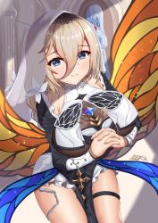 Rule 34 | 1girl, absurdres, aponia (honkai impact), artist name, black dress, blue eyes, breasts, brown hair, butterfly wings, cleavage, closed mouth, dress, hair between eyes, highres, honkai (series), honkai impact 3rd, insect wings, large breasts, long hair, long sleeves, looking at viewer, milira, nun, own hands together, signature, smile, solo, thighs, veil, wings