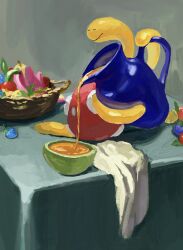 Rule 34 | basket, berry (pokemon), bowl, closed eyes, closed mouth, commentary, creatures (company), game freak, gen 2 pokemon, highres, holding jug, indoors, koala 0l, liquid, nintendo, pokemon, pouring, shuckle, table