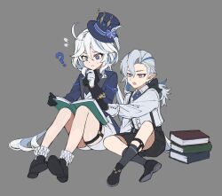 Rule 34 | 1boy, 1girl, ?, black footwear, black gloves, black shorts, blue eyes, blue hair, blue headwear, book, flying, furina (genshin impact), genshin impact, gloves, grey background, grey hair, hair between eyes, hat, highres, holding, holding book, jacket, long hair, long sleeves, multicolored hair, neuvillette (genshin impact), open book, open mouth, papajay (jennygin2), pointy ears, shoes, shorts, simple background, sitting, sweat, top hat, white hair, white shorts