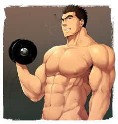 Rule 34 | 1boy, abs, bara, black hair, border, dumbbell, exercising, male focus, motion lines, muscular, pectorals, topless male, solo, sweat, teeth, upper body, weights, white border, winemvee