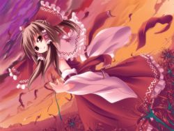 Rule 34 | 1girl, bad id, bad pixiv id, bow, breasts, brown hair, detached sleeves, female focus, field, flower, flower field, hair bow, hakurei reimu, half updo, ina (inadahime), japanese clothes, md5 mismatch, miko, petals, red eyes, short hair, small breasts, solo, spider lily, star (sky), touhou, twilight
