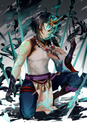 Rule 34 | 1boy, ahoge, arm guards, arm tattoo, armor, asymmetrical clothes, bead necklace, beads, black gloves, black hair, clenched hand, closed mouth, commentary request, detached sleeves, diamond-shaped pupils, diamond (shape), eyeshadow, facial mark, fangs, forehead mark, genshin impact, gloves, green gloves, green hair, highres, jewelry, makeup, male focus, mask, masked, multicolored hair, necklace, parted bangs, pendant, planted, planted spear, polearm, red eyeshadow, short hair with long locks, shoulder armor, shoulder pads, shoulder spikes, simple background, single bare shoulder, single detached sleeve, slit pupils, solo, spear, spikes, symbol-shaped pupils, tassel, tattoo, two-tone hair, umeno (tuzk7284), weapon, wide sleeves, xiao (genshin impact), yellow eyes