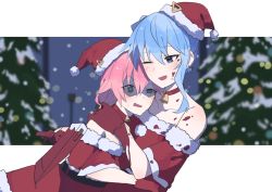 Rule 34 | 2girls, @ @, aasu (mhgbh510), bare shoulders, bell, blood, blood on hands, blood splatter, bloody weapon, blue eyes, blue hair, blush, christmas tree, collarbone, commentary, earrings, gloves, green eyes, hat, highres, hololive, hoshimachi suisei, hug, jewelry, looking at another, multiple girls, neck bell, one eye closed, open mouth, pink hair, red gloves, sakura miko, santa hat, shaded face, smile, star (symbol), star earrings, sweat, upper body, virtual youtuber, weapon, yandere, yuri