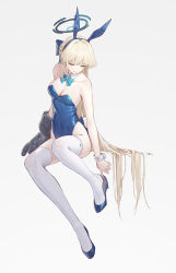 Rule 34 | 1girl, absurdres, adjusting footwear, animal ears, blonde hair, blue archive, blue bow, blue bowtie, blue footwear, blue leotard, bow, bowtie, breasts, chinese commentary, cleavage, closed eyes, commentary request, covered navel, detached collar, fake animal ears, fake tail, full body, gauntlets, halo, highleg, highleg leotard, highres, leotard, long hair, mechanical arms, medium breasts, official alternate costume, parted lips, playboy bunny, rabbit ears, rabbit tail, revision, simple background, single gauntlet, single mechanical arm, sitting, soeyumi, solo, strapless, strapless leotard, tail, thighhighs, toki (blue archive), toki (bunny) (blue archive), very long hair, white background, white thighhighs, wrist cuffs