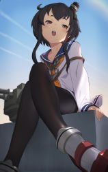 Rule 34 | 1girl, anchor, anchor symbol, black hair, black pantyhose, blue sailor collar, blush, brown eyes, cannon, chain, crossed legs, day, dress, gradient hair, grey hair, hat, headgear, highres, kantai collection, km yama, long sleeves, machinery, mini hat, multicolored hair, open mouth, pantyhose, red footwear, rigging, rudder footwear, sailor collar, sailor dress, shirt, short hair, short hair with long locks, sidelocks, sitting, sky, solo, tied shirt, tokitsukaze (kancolle), turret, yellow neckwear