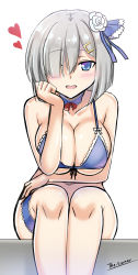 Rule 34 | 10s, 1girl, alternate costume, bare shoulders, bikini, blue bikini, blue eyes, blush, breast press, breasts, cleavage, collarbone, detached collar, flower, front-tie top, hair flower, hair ornament, hair over one eye, hamakaze (kancolle), head rest, heart, highres, kantai collection, large breasts, leaning forward, looking at viewer, micro bikini, navel, open mouth, short hair, sideboob, silver hair, sitting, solo, spoken heart, swimsuit, the-sinner, thigh strap, underboob