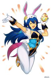 Rule 34 | 1girl, ;d, animal hood, artist name, blue eyes, blue hair, brand of the exalt, breasts, cleavage, commentary, easter egg, egg, english commentary, fake tail, fire emblem, fire emblem awakening, fire emblem heroes, gloves, hair between eyes, highres, holding, holding egg, hood, long hair, looking at viewer, lucina (fire emblem), lucina (spring) (fire emblem), medium breasts, nintendo, official alternate costume, one eye closed, open mouth, pantyhose, puffy short sleeves, puffy sleeves, rabbit hood, rabbit tail, short sleeves, smgold, smile, solo, symbol in eye, tail, teeth, upper teeth only, white gloves, white pantyhose