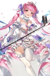 Rule 34 | 1girl, :d, anchor, arm garter, arm up, bare shoulders, blunt bangs, bow, braid, breasts, chain, cleavage, colored inner hair, detached collar, dress, elbow gloves, french braid, frilled dress, frills, gloves, heart, heart print, highres, holding, holding microphone, holding microphone stand, hololive, jewelry, long hair, microphone, microphone stand, minato aqua, minato aqua (aqua iro super dream), multicolored hair, necklace, open mouth, pink eyes, pink hair, smile, soraneko hino, standing, standing on one leg, thighhighs, tiara, twin braids, very long hair, virtual youtuber, white thighhighs