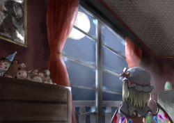 Rule 34 | 1girl, absurdres, arms at sides, blonde hair, bow, commentary request, flandre scarlet, from behind, full moon, hat, hat bow, highres, indoors, kushidama minaka, looking outside, medium hair, mob cap, moon, night, night sky, painting (object), railing, red bow, red curtains, side ponytail, sky, solo, stuffed animal, stuffed toy, teddy bear, touhou, window, wings